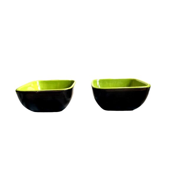 Vtg Gail Pittman Handcrafted Green DK Brown Square Ceramic Bowls Set Of 2 - Picture 4 of 11
